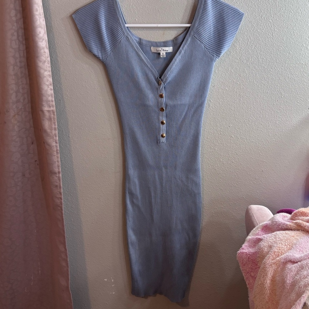 Blue Ribbed Midi Dress with Buttons
